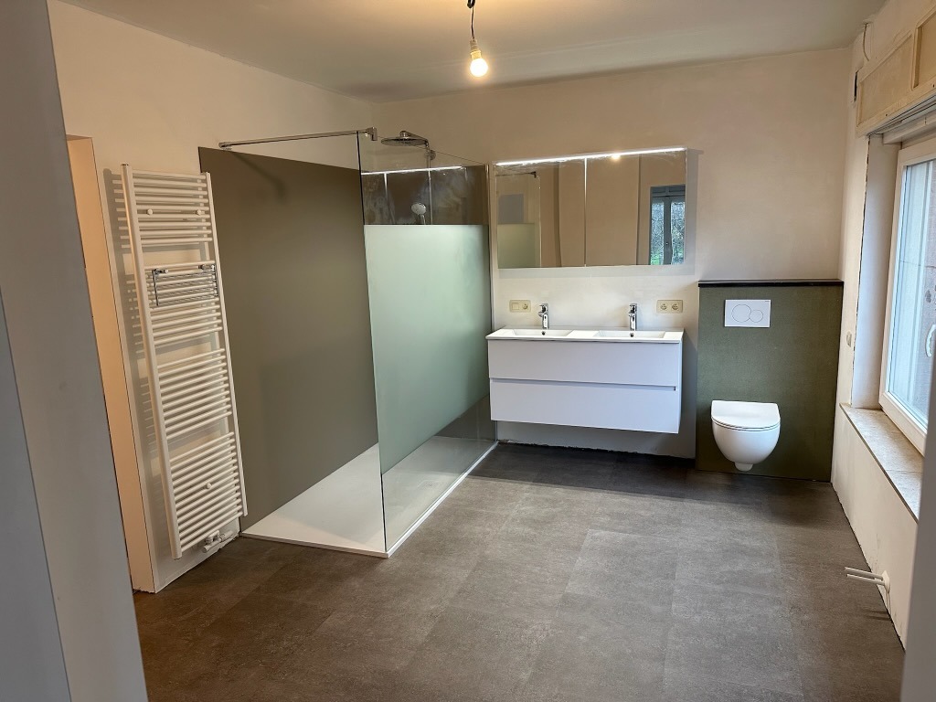 Gerenoveerde badkamer met inloopdouche, wastafel en toilet