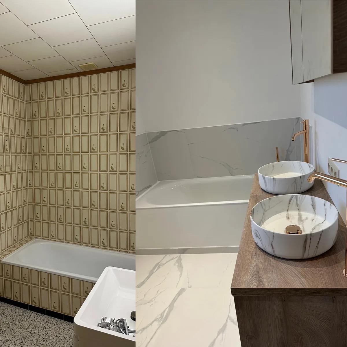 Badkamerrenovatie voor en na — van retrotegels naar marmeren basins